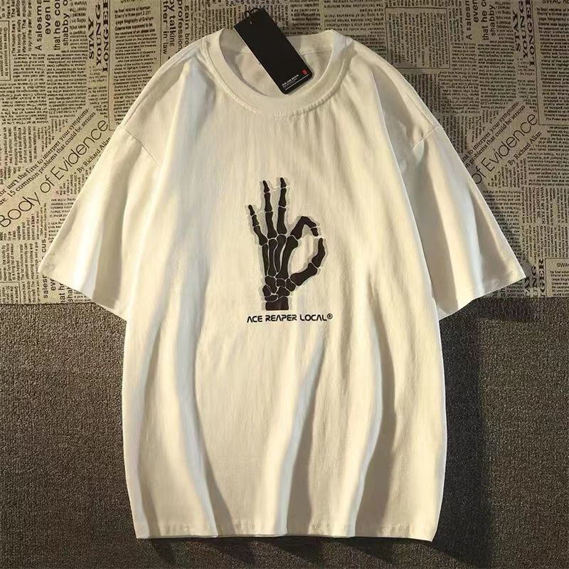 Beyaz Skeleton Hand Baskılı Kısa Kol Oversize T-Shirt