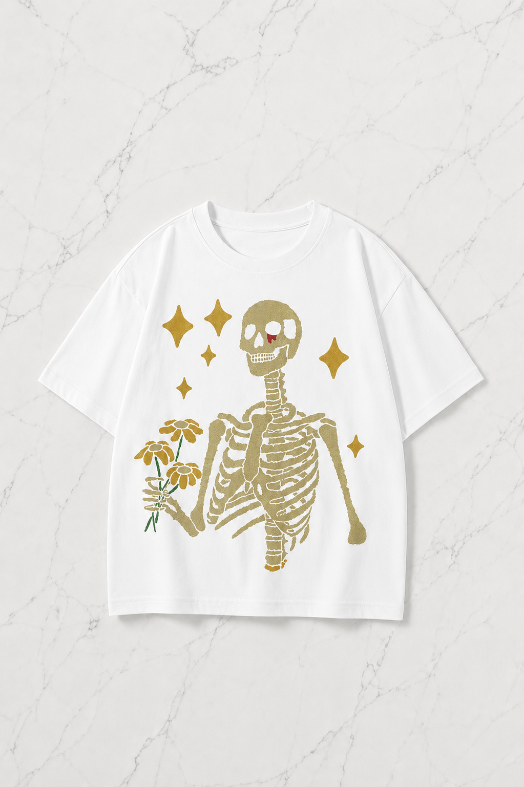 Beyaz Skeleton Kısa Kol Oversize T-Shirt