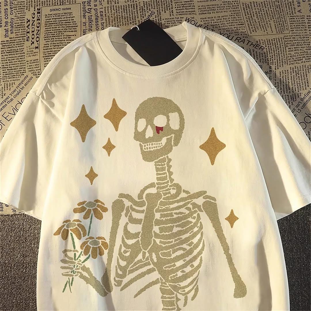 Beyaz Skeleton Kısa Kol Oversize T-Shirt
