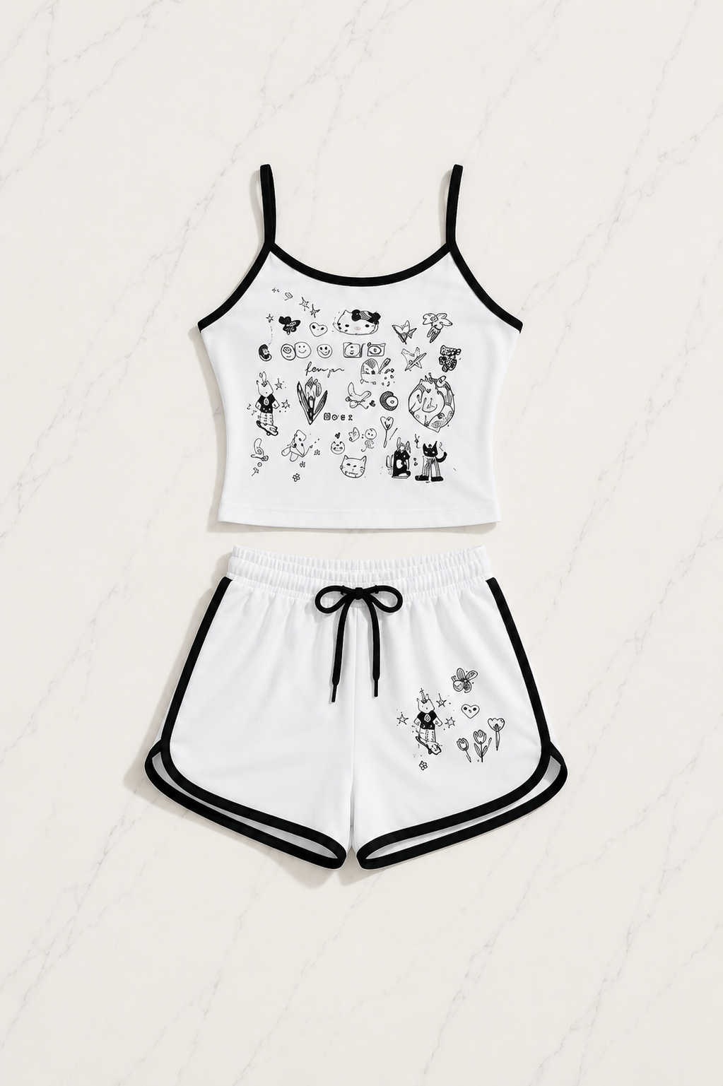 Beyaz Sweet Cherry Askılı Şort Takım