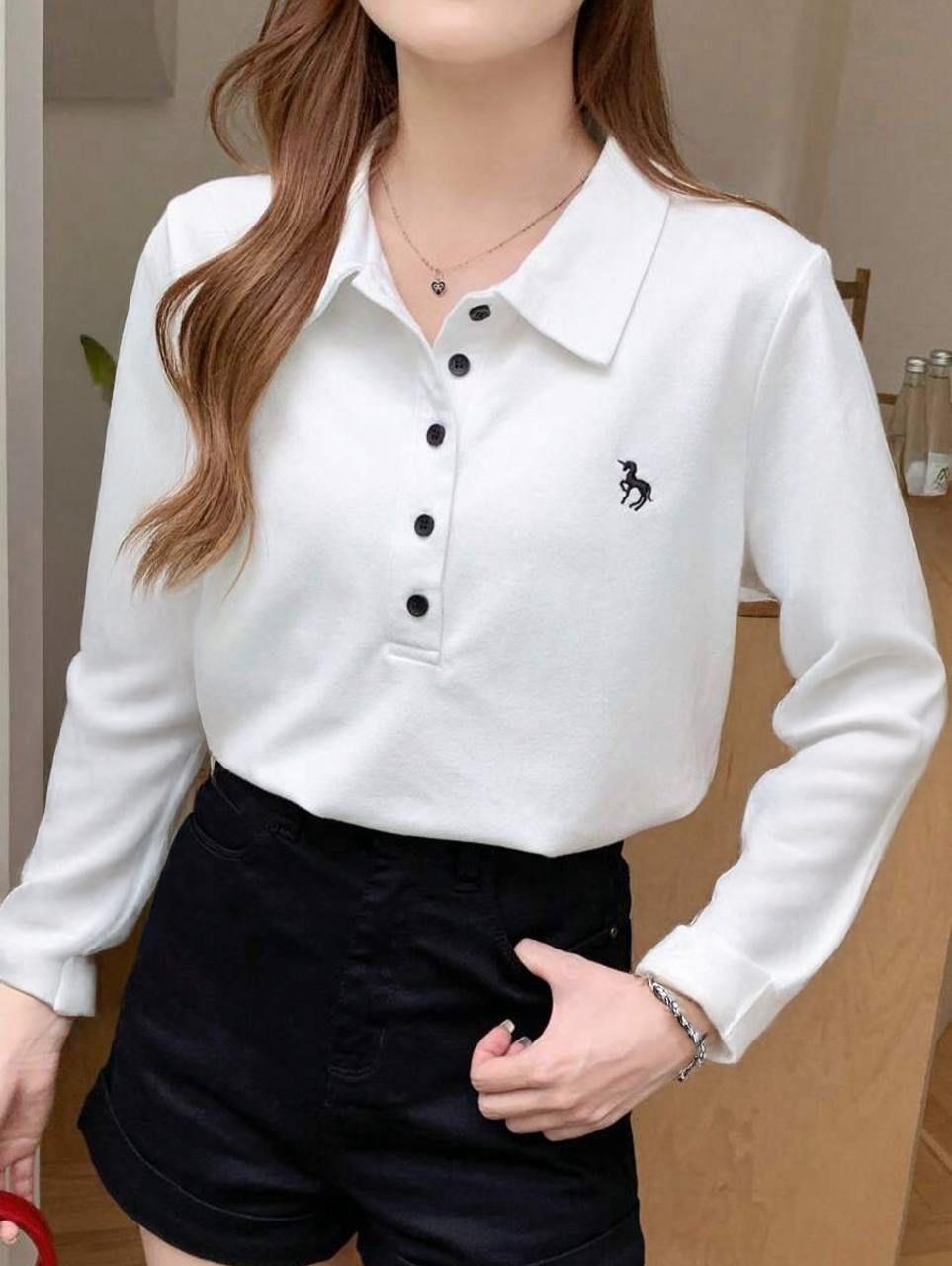 Beyaz Tek Boynuzlu At Baskılı Polo Yaka Düğmeli Uzun Kol Tshirt