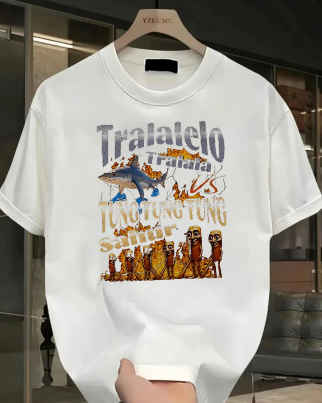 Beyaz Tung Tung Tung Sahur vs Tralalero Tralala Baskılı Yıkamalı Vintage Unisex Oversize T-Shirt