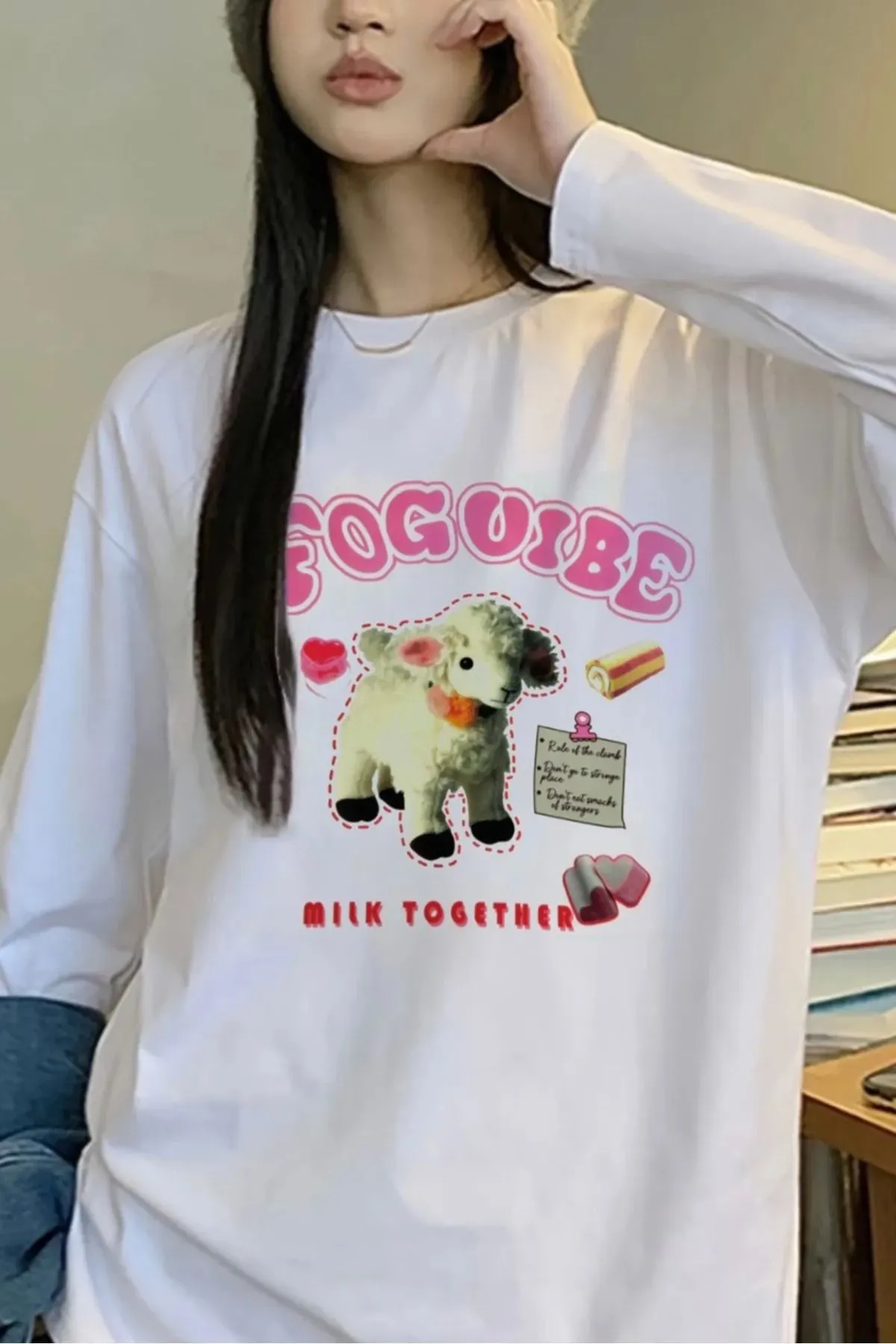 Beyaz Unisex Fogvibe Milk Together Uzun Kol T-Shirt