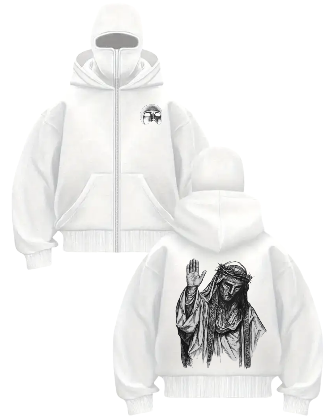Beyaz Unisex Kar Maskeli Baldwin Baskılı Oversize Hırka