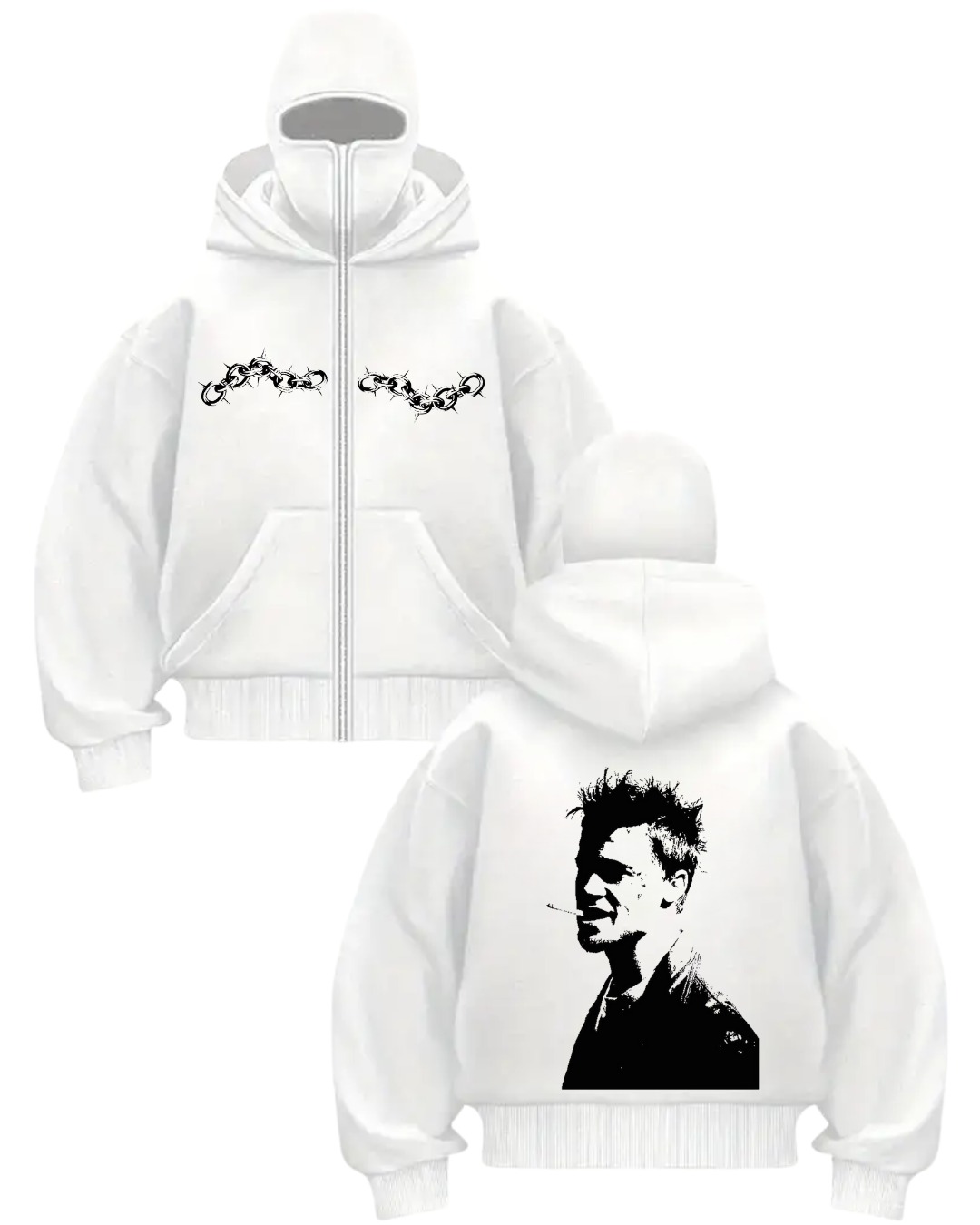 Beyaz Unisex Kar Maskeli Dövüş Klubü Baskılı Oversize Hırka