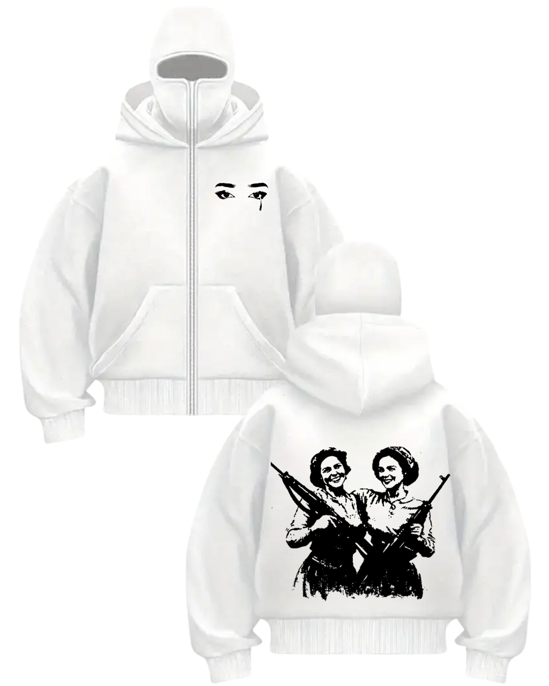Beyaz Unisex Kar Maskeli Gun Girl Baskılı Oversize Hırka