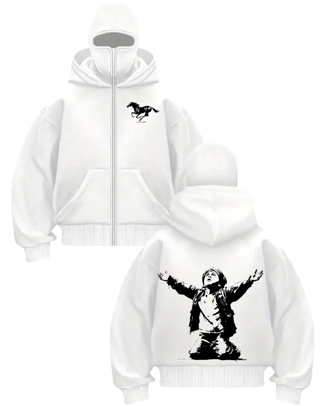 Beyaz Unisex Kar Maskeli Redemption Baskılı Oversize Hırka
