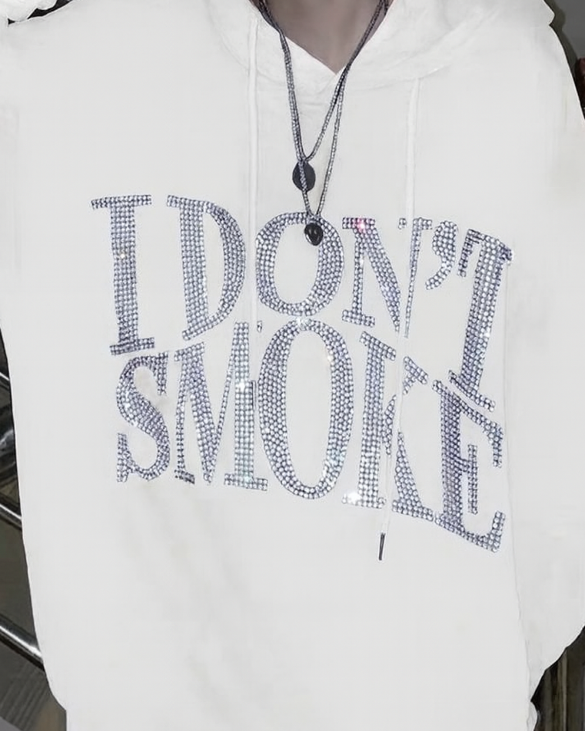 Beyaz Unisex Oversize Beyaz I Dont Smoke Parıltılı Taş Baskılı Sweatshirt