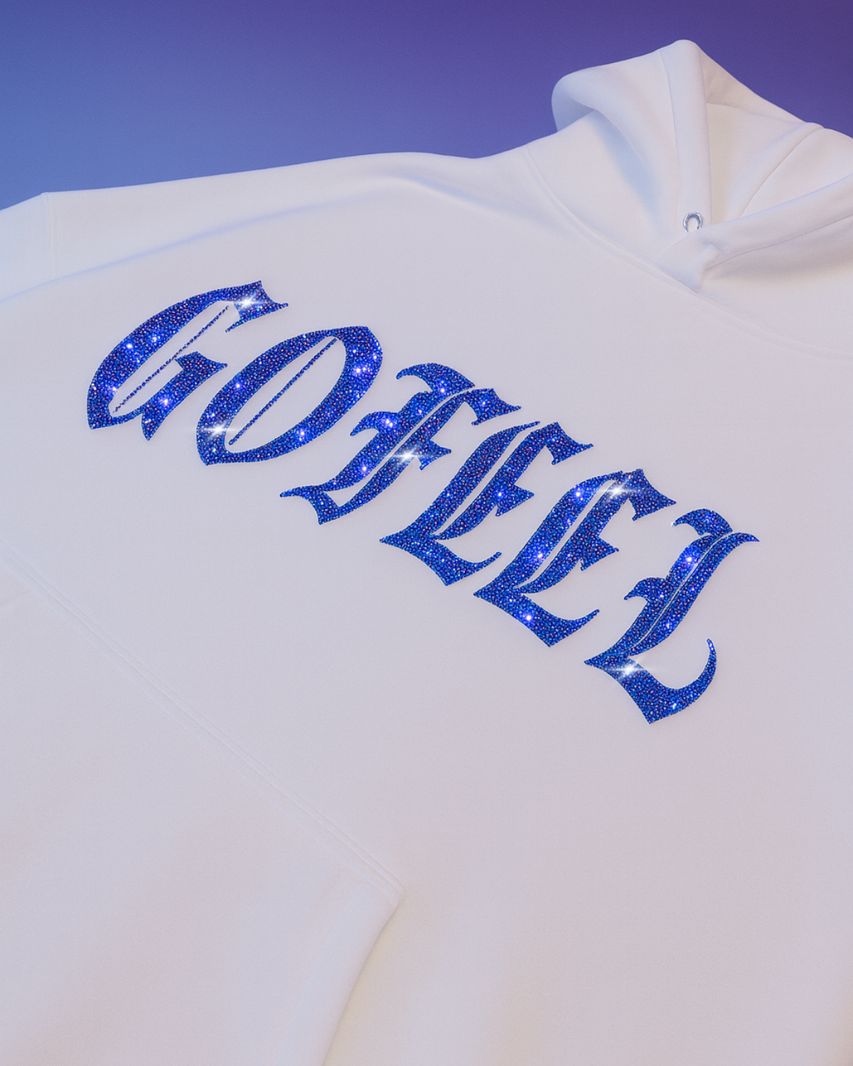 Beyaz Unisex Oversize Mavi Gofeel Parıltılı Taş Baskılı Sweatshirt