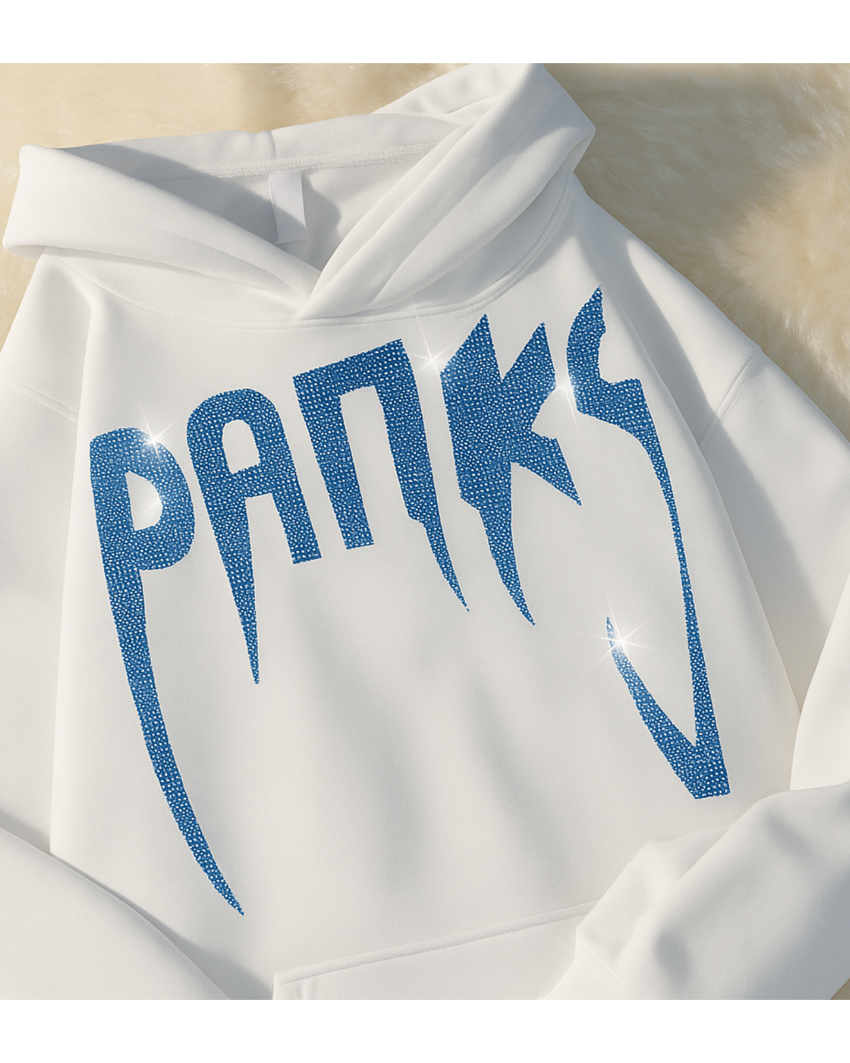Beyaz Unisex Oversize Mavi Panks Parıltılı Taş Baskılı Sweatshirt