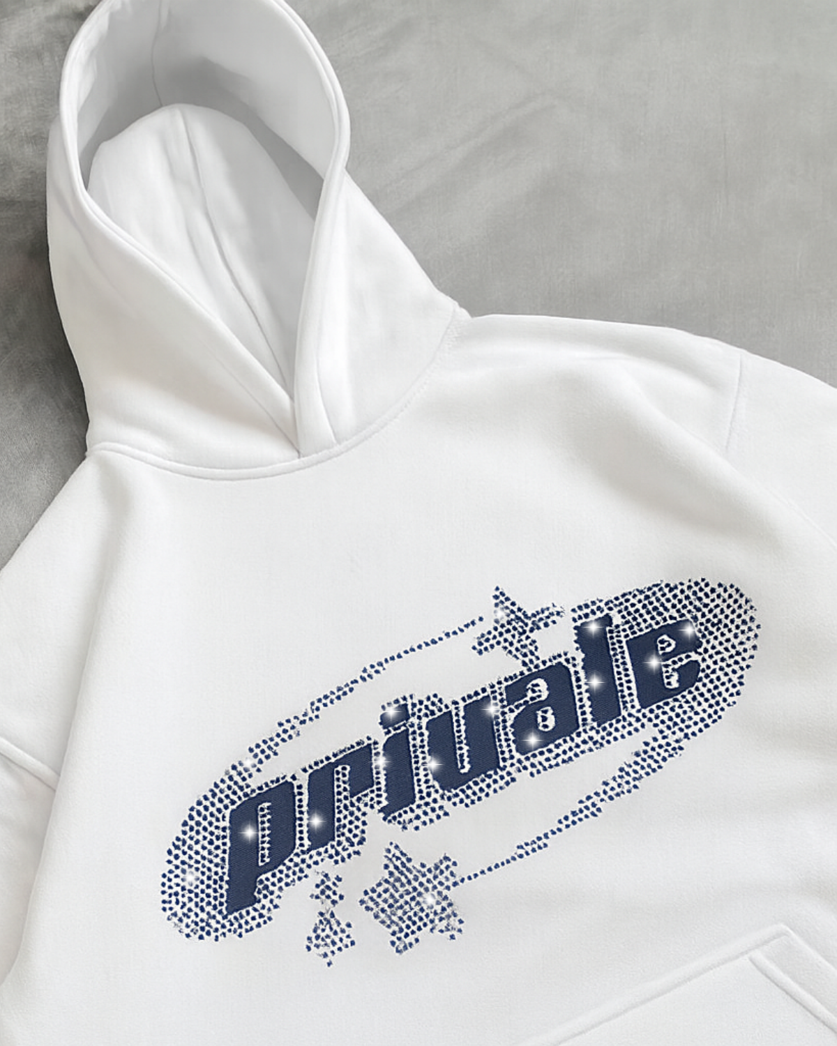 Beyaz Unisex Oversize Mavi Private Parıltılı Taş Baskılı Sweatshirt