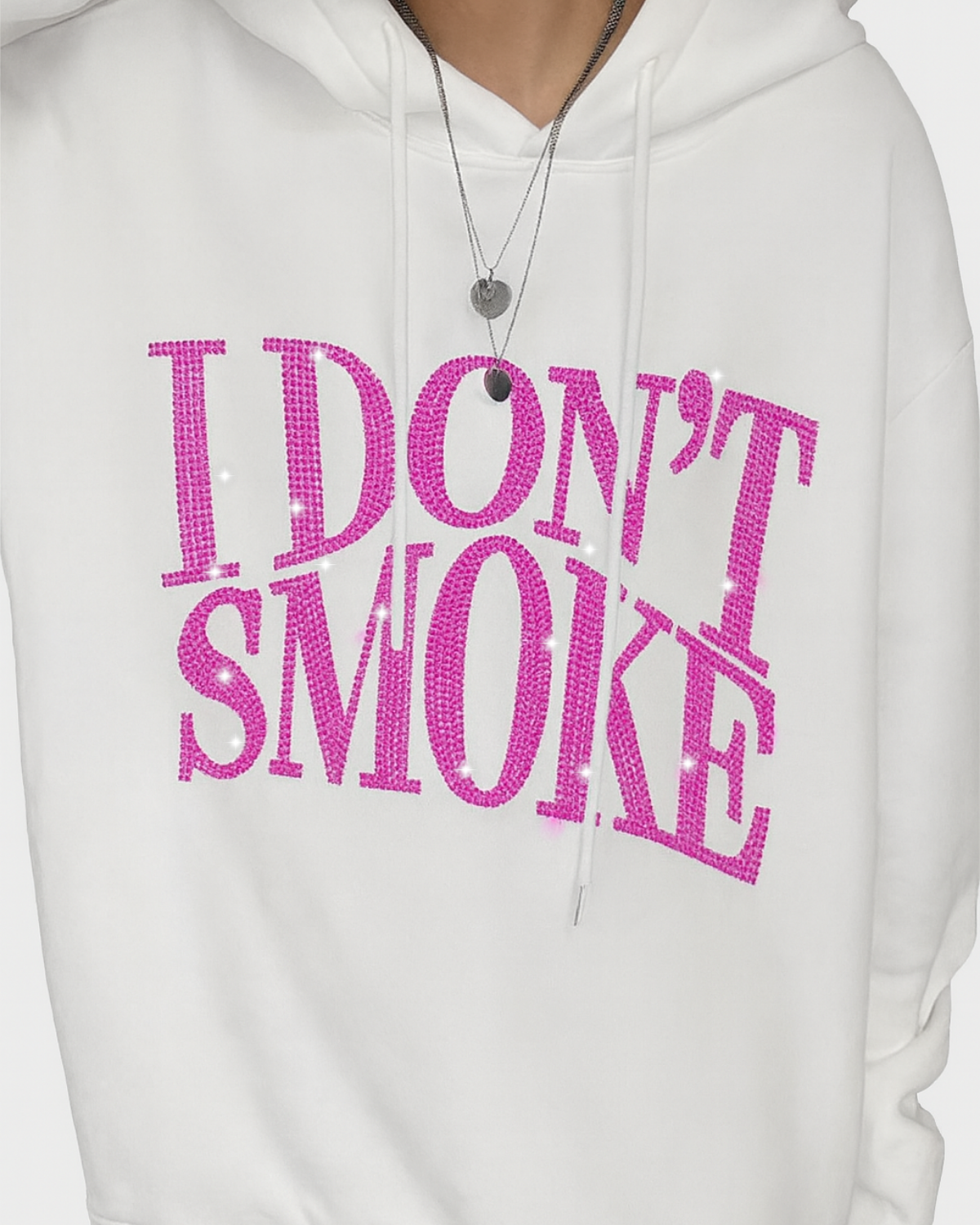 Beyaz Unisex Oversize Pembe I Dont Smoke Parıltılı Taş Baskılı Sweatshirt