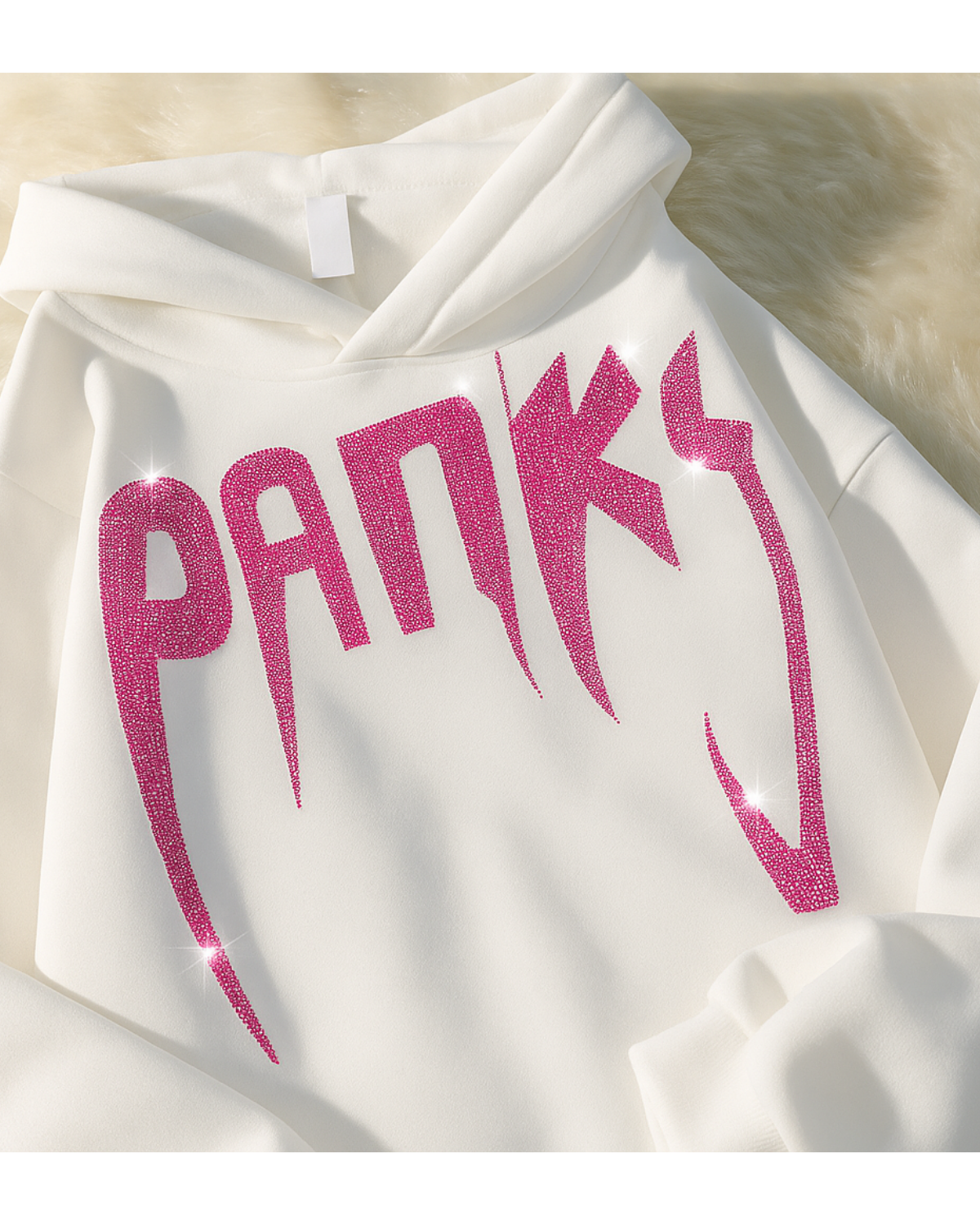 Beyaz Unisex Oversize Pembe Panks Parıltılı Taş Baskılı Sweatshirt