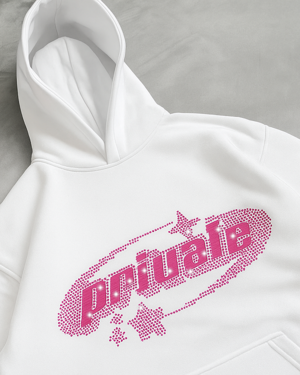 Beyaz Unisex Oversize Pembe Private Parıltılı Taş Baskılı Sweatshirt