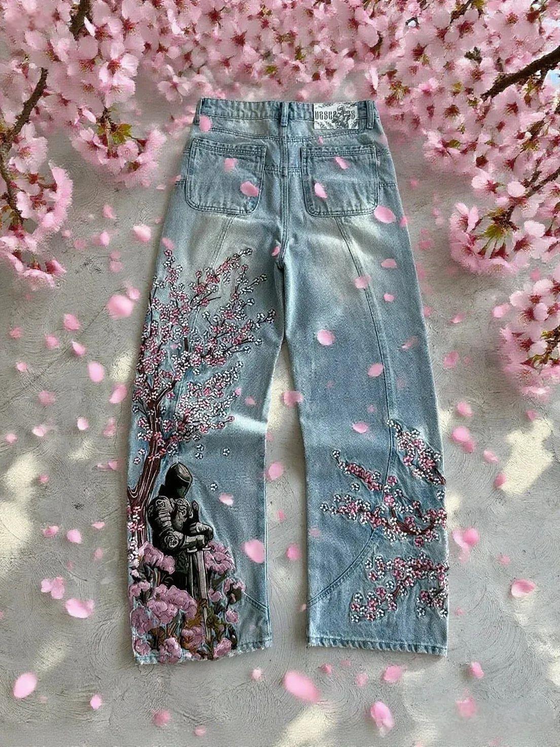 Blue Night Blossom Nakışlı Wide Leg Jean