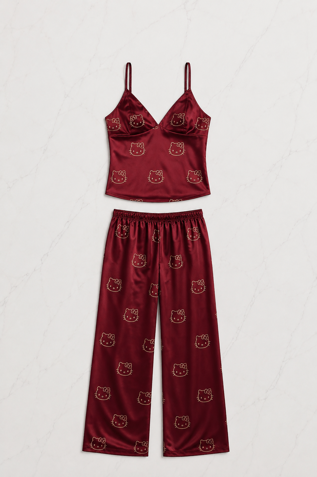 Bordo Hello Kitty Taş Detaylı Saten Homewear Pijama Takımı