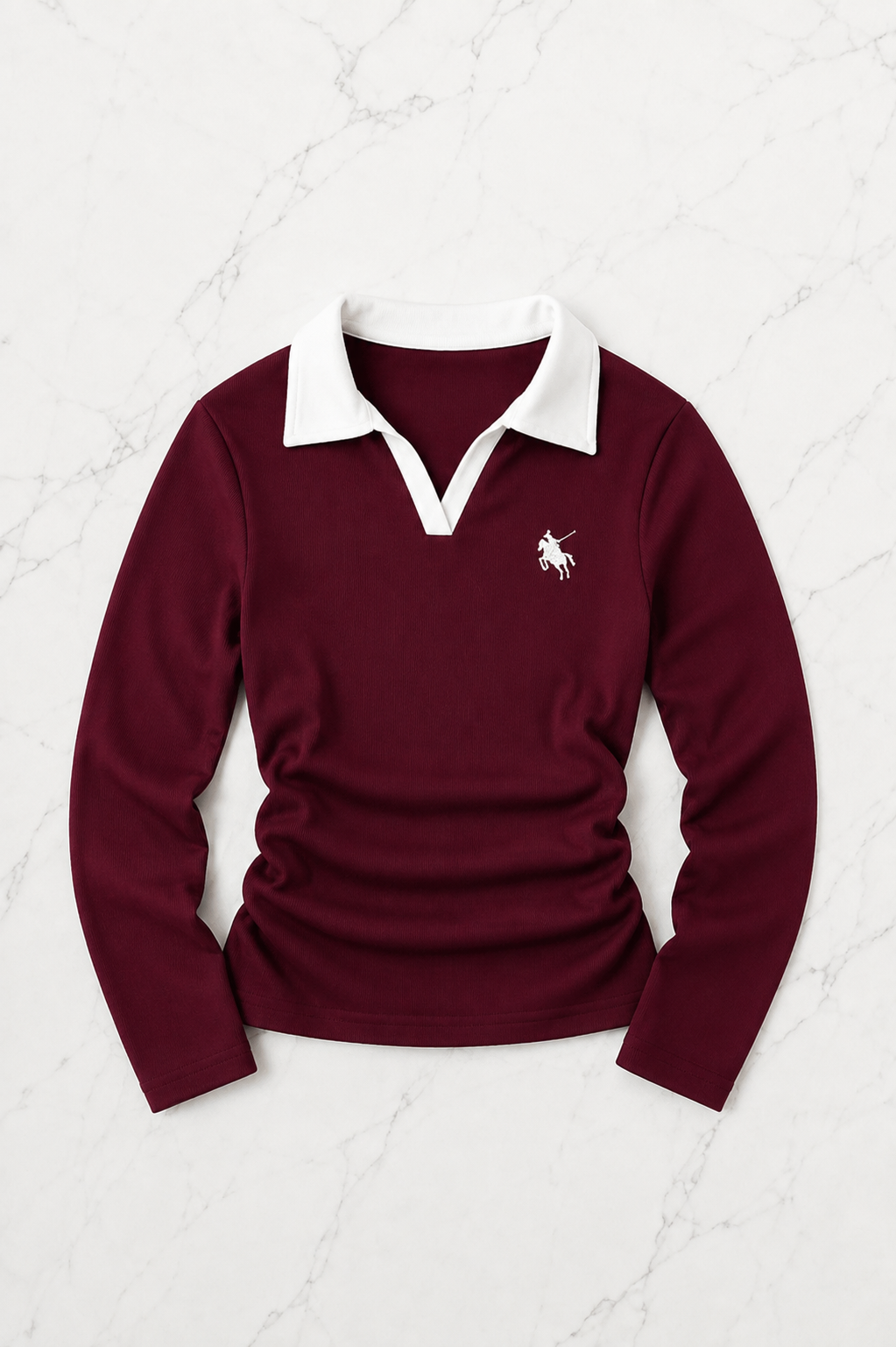Bordo Olos Polo Yaka Nakışlı Büzgülü Uzun Kollu Bluz