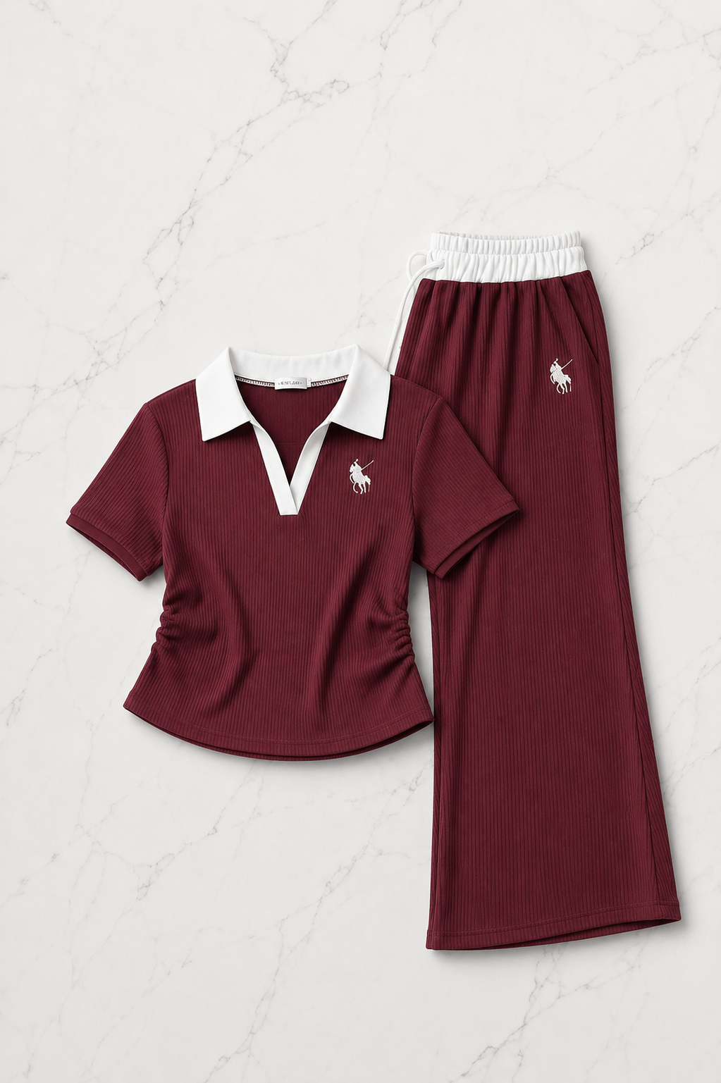 Bordo Polo Yaka Fitilli Likralı Premium Eşofman Takımı