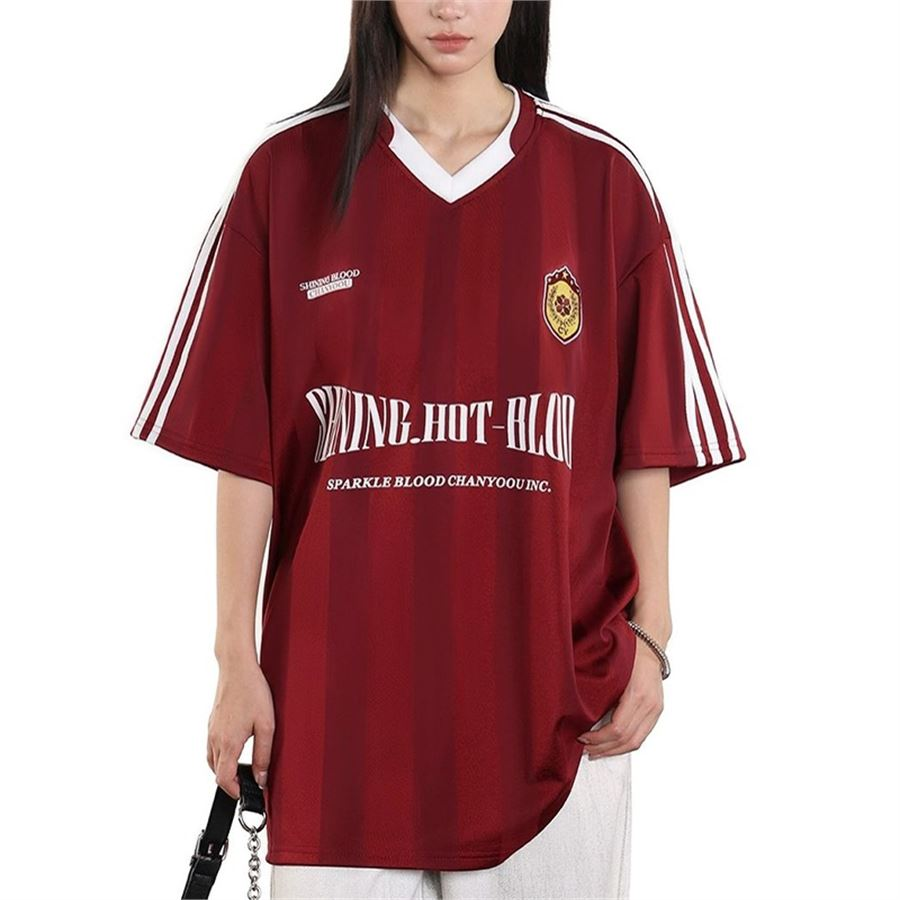 Bordo Shining Hot Blood V Yaka Jersey Şeritli Unisex T-Shirt
