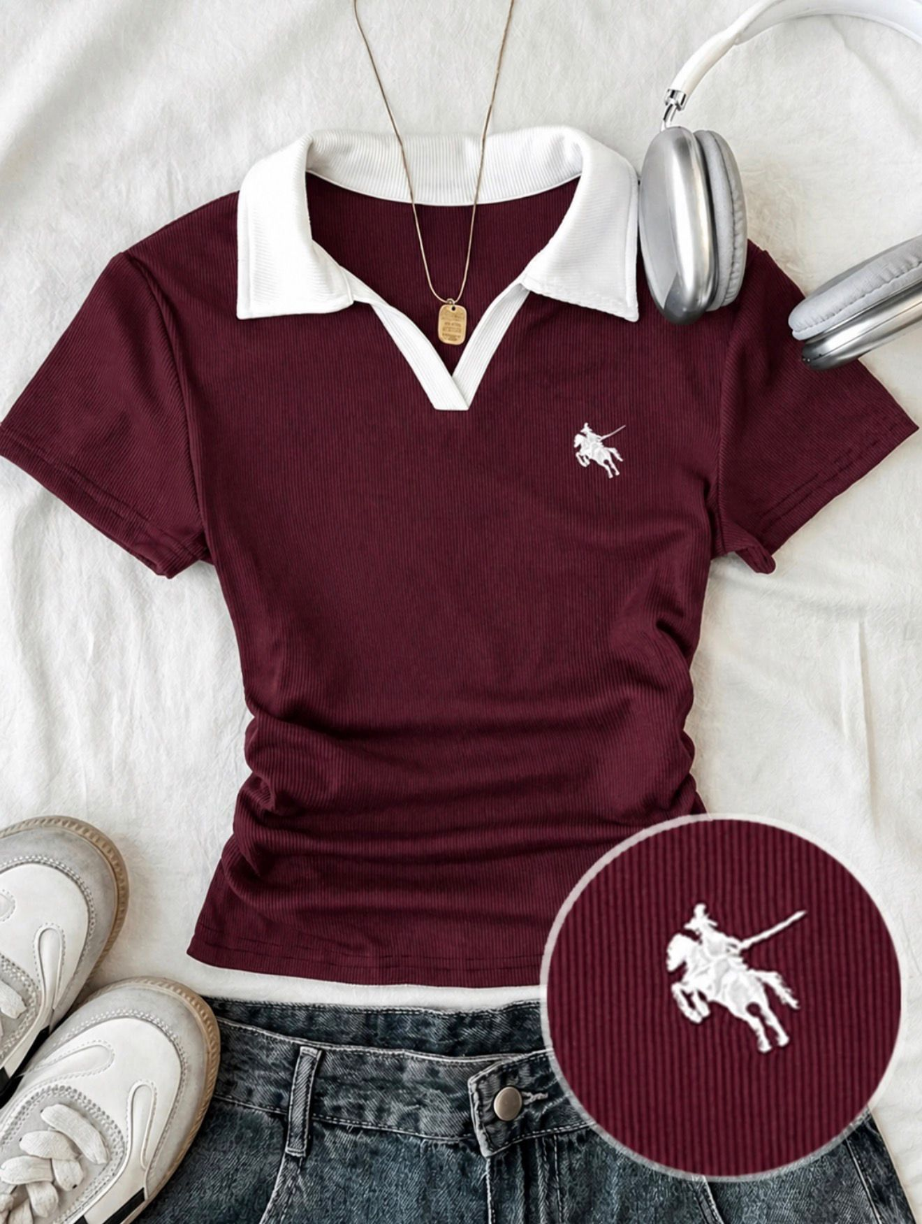Bordo Solo Polo Yaka Beyaz Yakalı Bluz