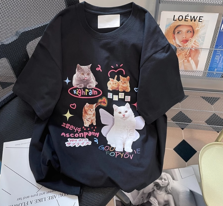 Cat Aesthetic Detaylı Oversize Unisex Siyah T-shirt