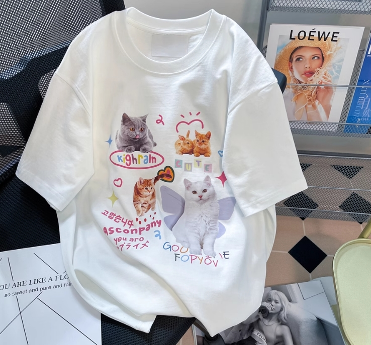 Cat Aesthetic Detaylı Oversize Unisex Beyaz T-shirt