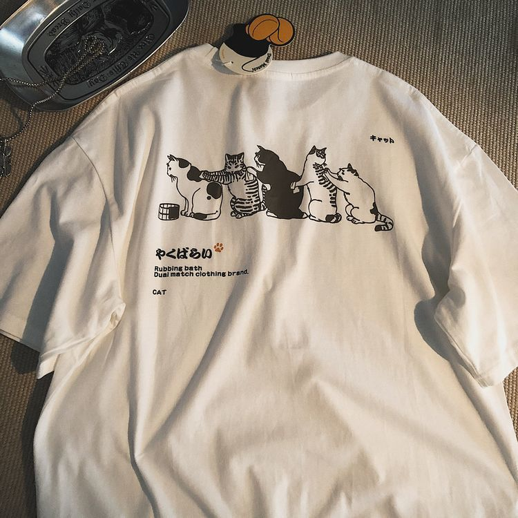 Cat Detaylı Oversize Unisex Beyaz T-shirt