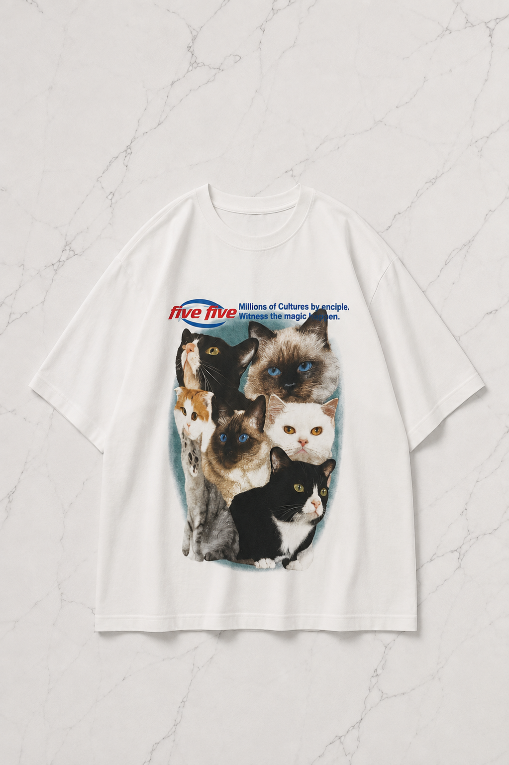 Cat Five Detaylı Oversize Unisex Beyaz T-shirt