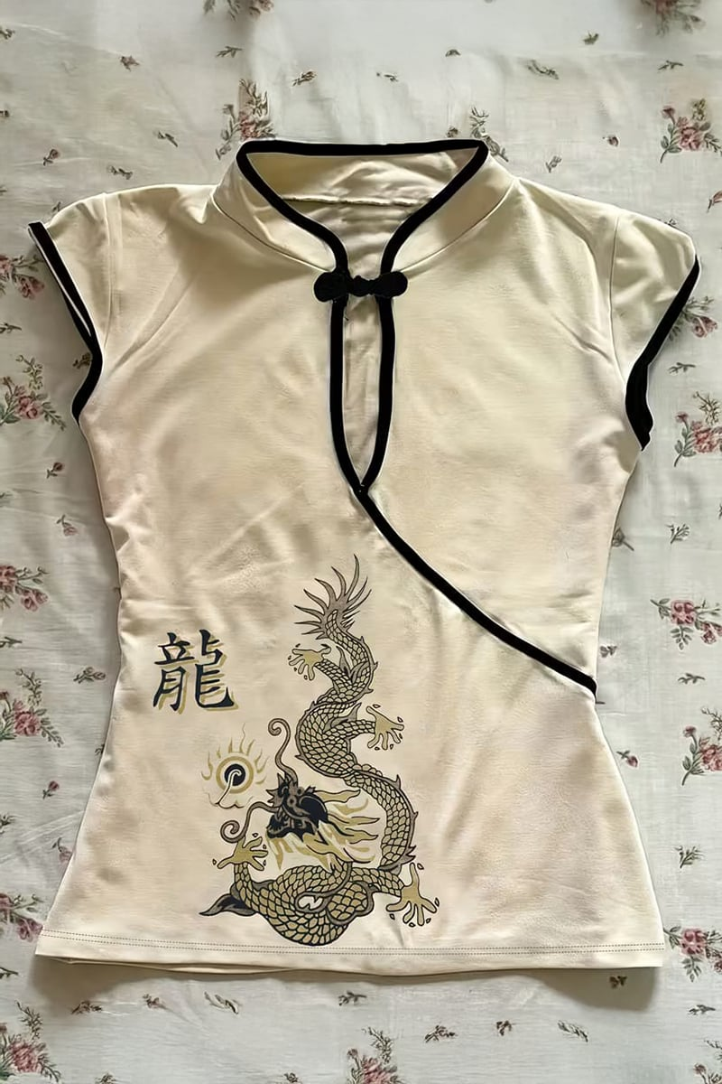 Ekru Mandarin Yaka Ejderha Motifli Vintage Y2K Kısa Kollu Crop