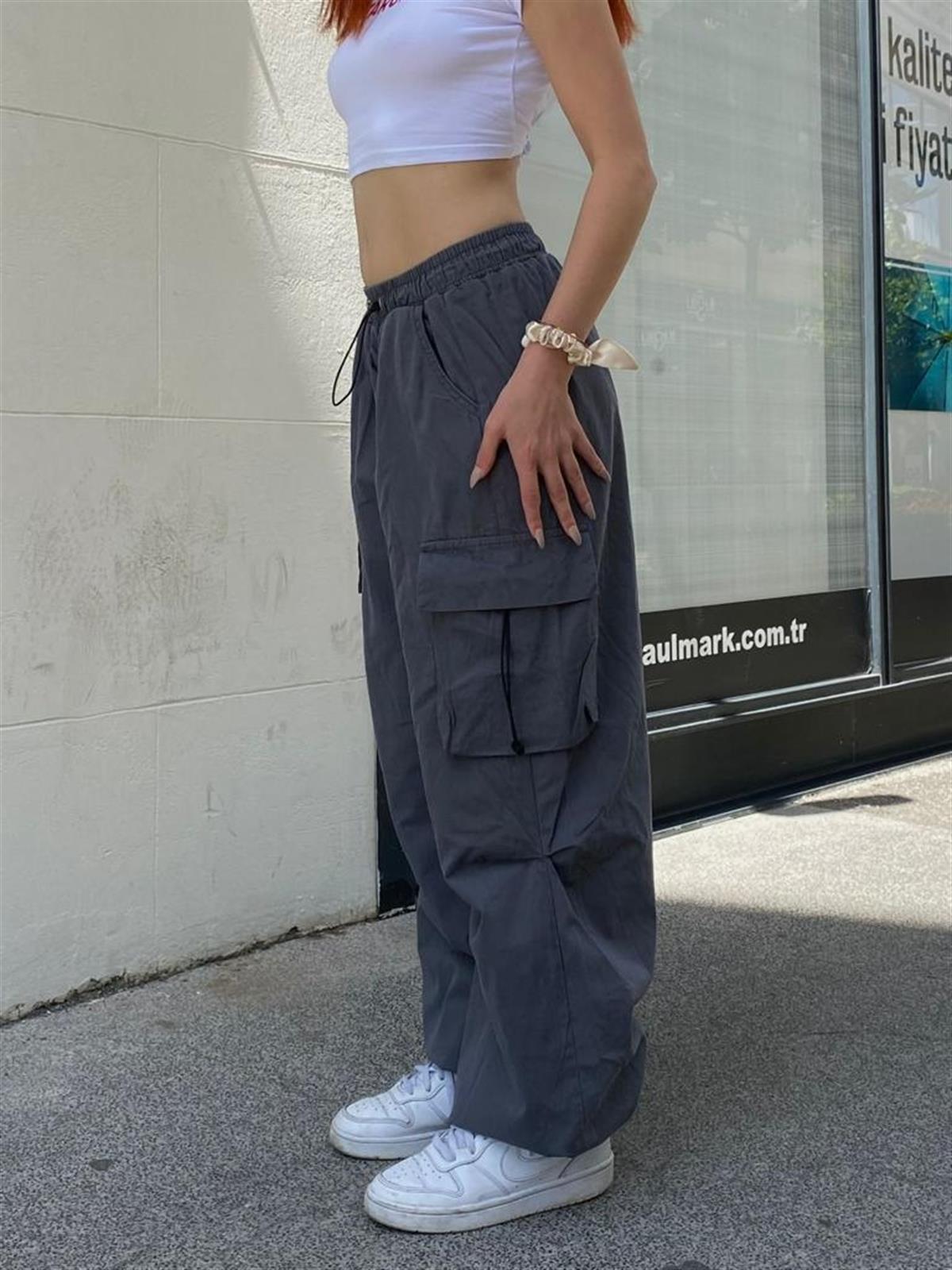 Extra Baggy Kargo Cepli Tactical Paraşüt Kumaş Bol Paça Füme Renk Pantolon