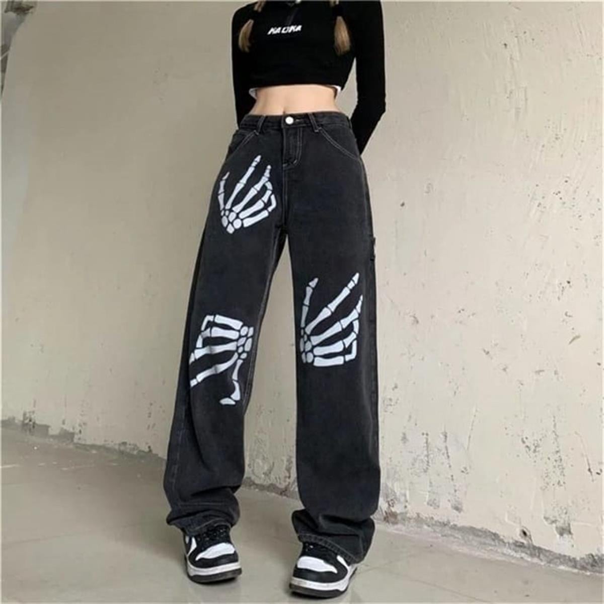 Gothic Skeleton Hand Baskılı Unisex Bol Paça Koyu Gri Pantolon