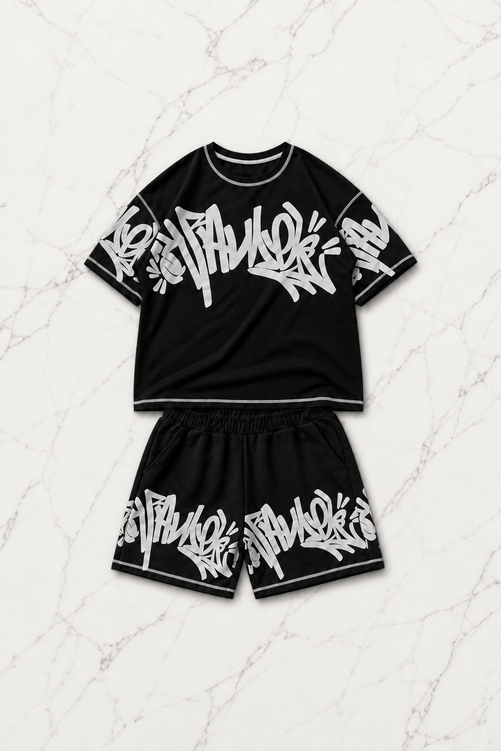 Graffiti Siyah Unisex T-shirt & Şort Takım