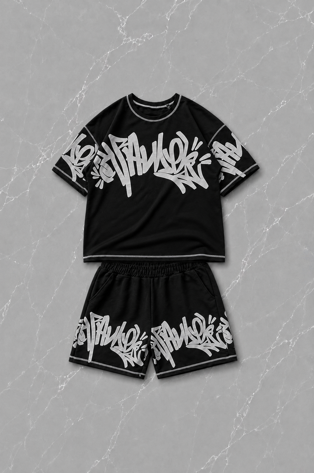 Graffiti Siyah Unisex T-shirt & Şort Takım