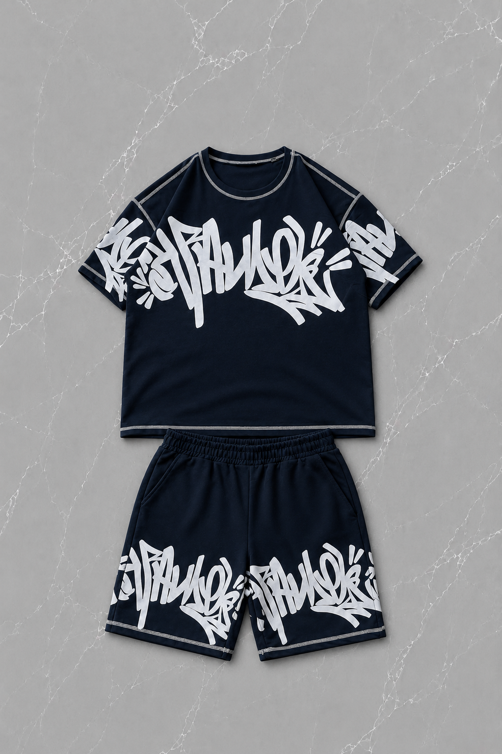 Graffiti Tag Midnight Navy T-shirt & Şort Takım