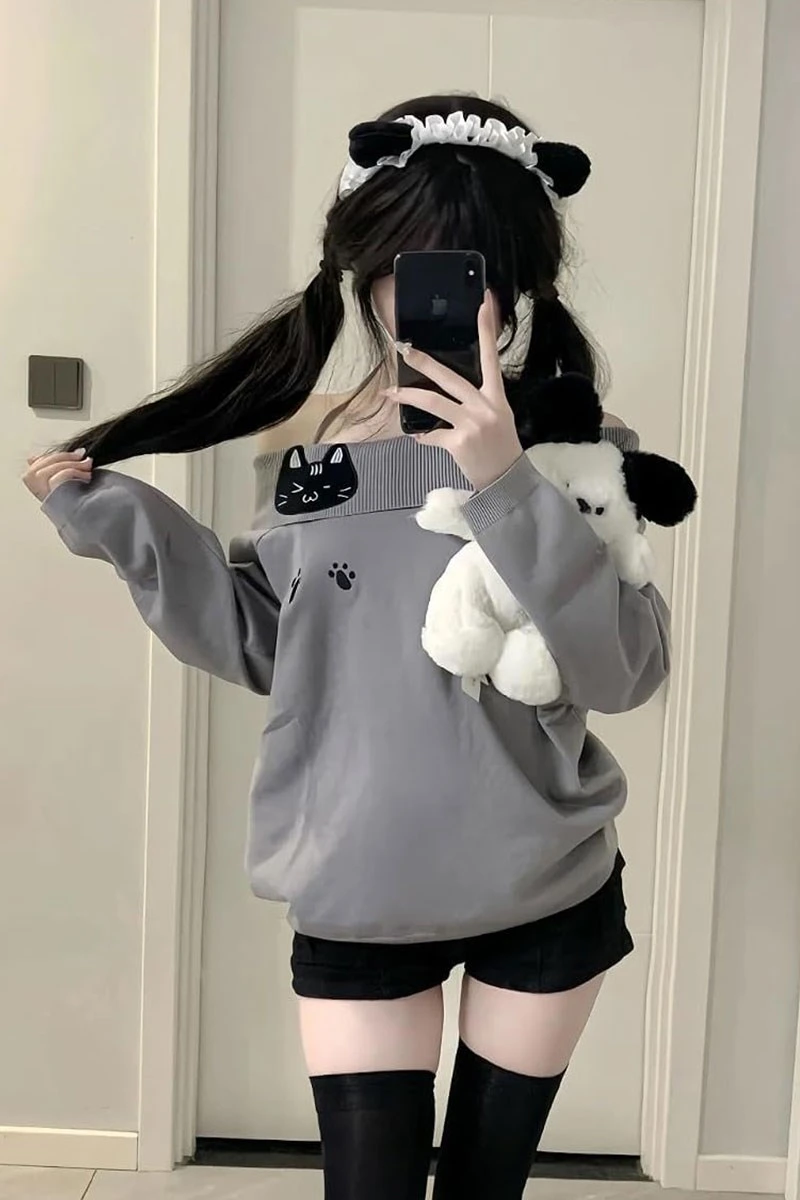 Gri Kawai Cat Harajuku Y2K Uzun Kollu Off Shoulder