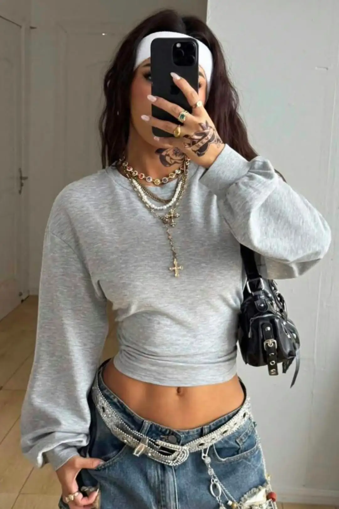 Gri Melanj LOOC Corset Uzun Kollu Beli Büzgülü Bluz