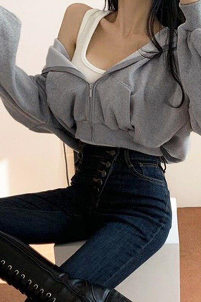 Gri Melanj Mevsimlik Crop-Top Fermuarlı Kapüşonlu