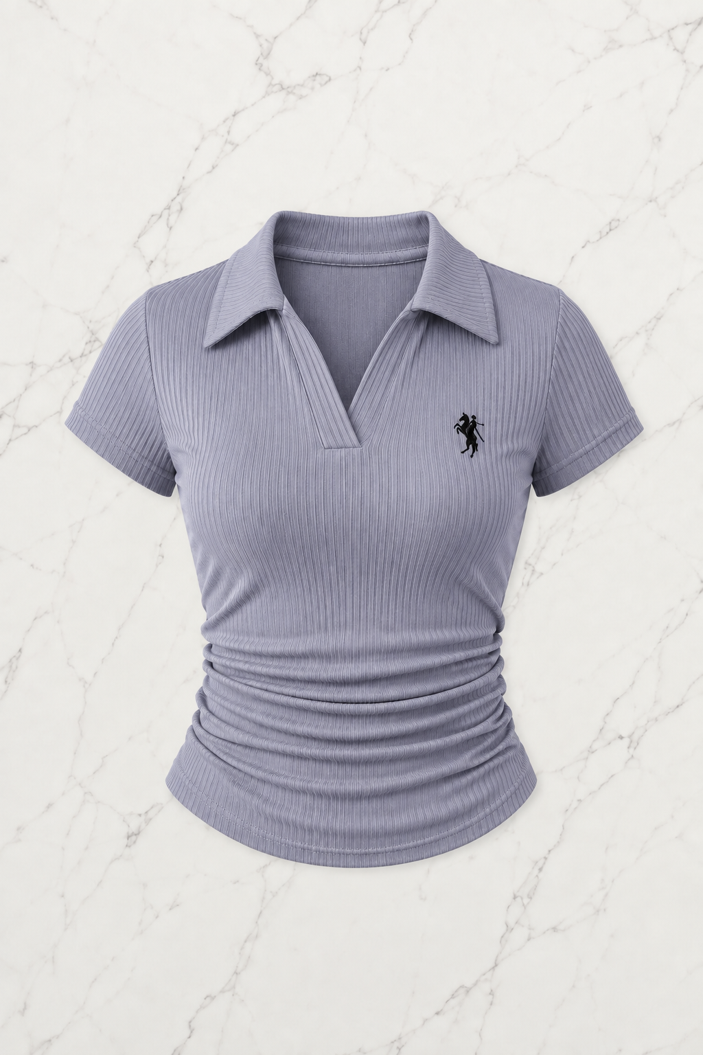 Gri Polo Yaka Fitilli Likralı Bluz