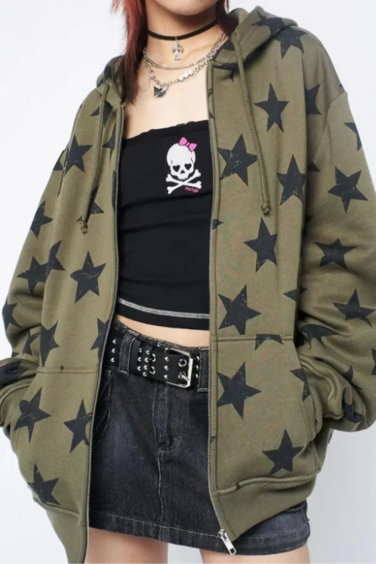 Haki Star Print 2 İplik Şardonlu Hırka