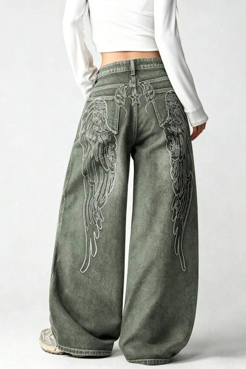 Haki Yıkamalı Melek Kanatlı Harajuku Y2K Unisex Baggy Pantolon