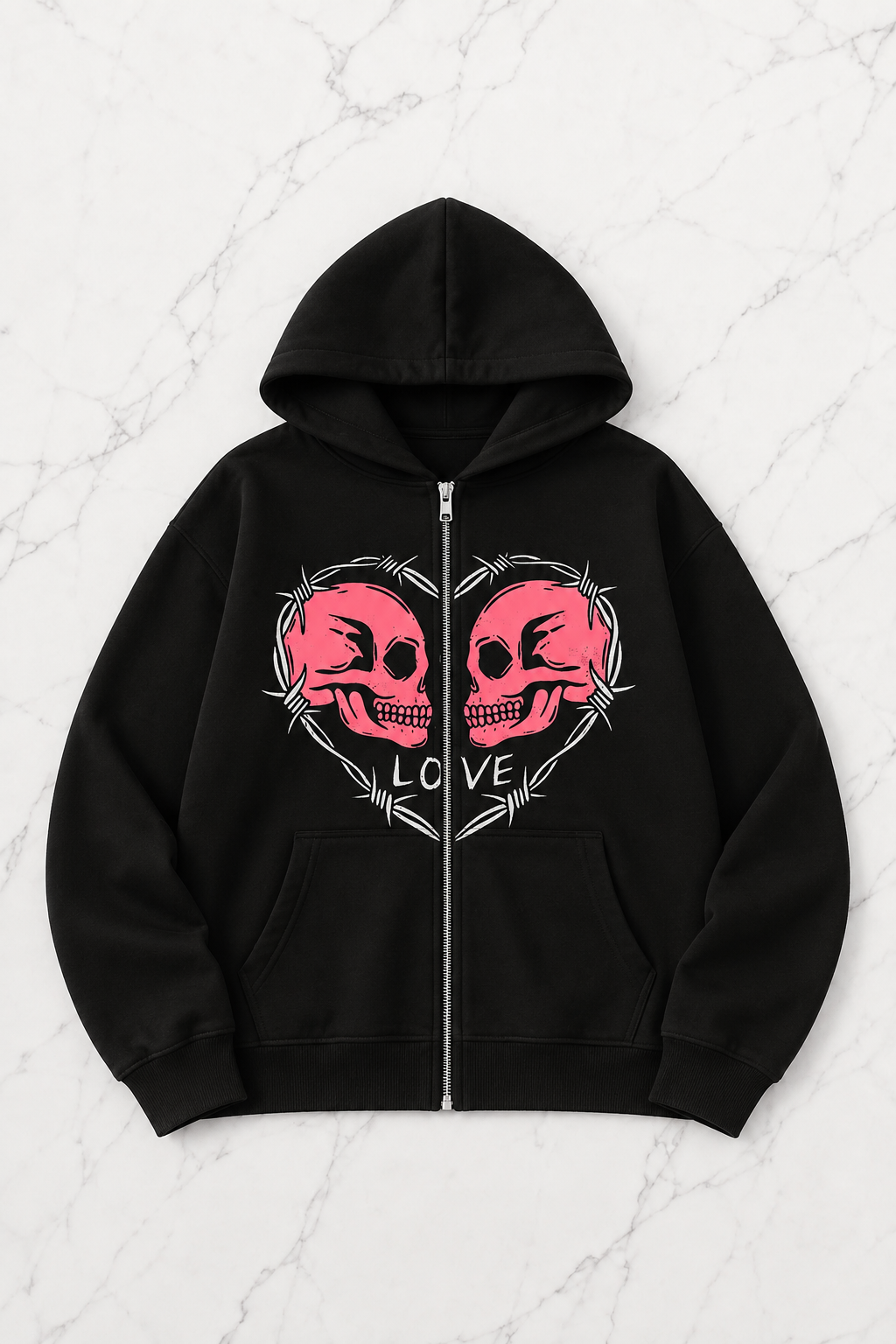 Harajuku Love Skulls Baskılı Tech Oversize Fermuar Detail Vintage Unisex Hırka