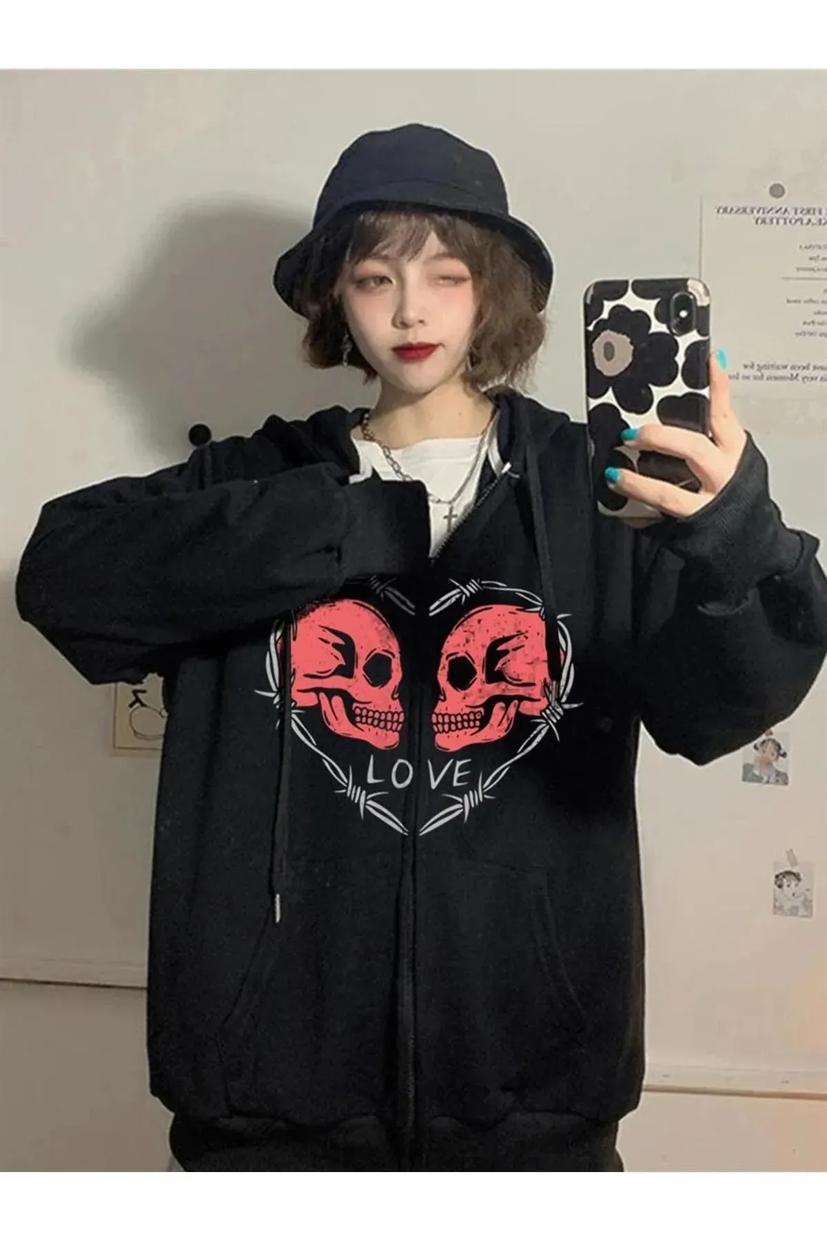 Harajuku Love Skulls Baskılı Tech Oversize Fermuar Detail Vintage Unisex Hırka