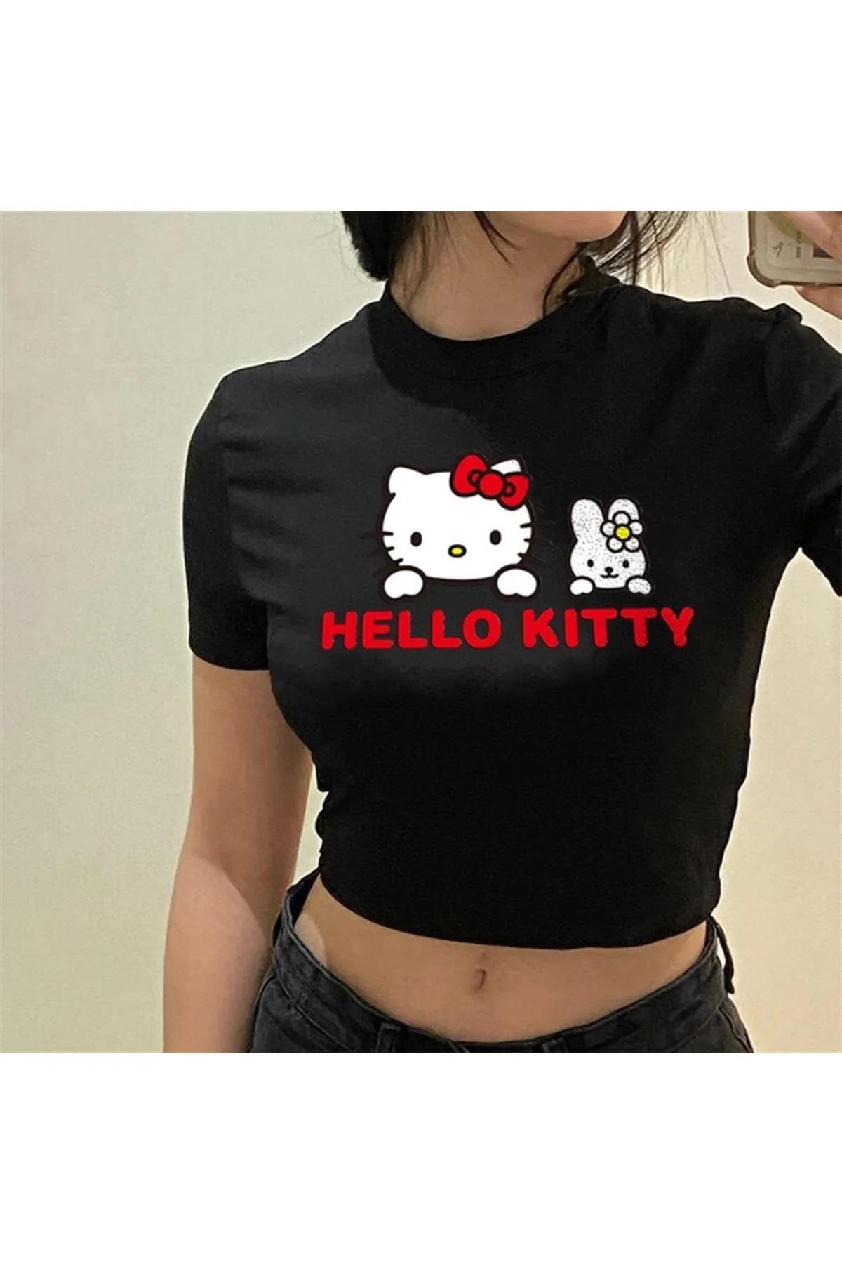 Hello Kitty Desenli Siyah Renkli Baskılı Crop Bluz Harajuku Kadın Tişört -  GOFEEL