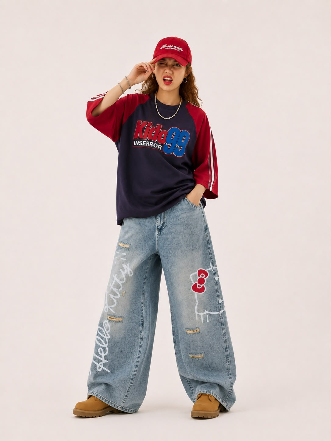 Hello Kitty Detaylı Mavi Baggy Jean