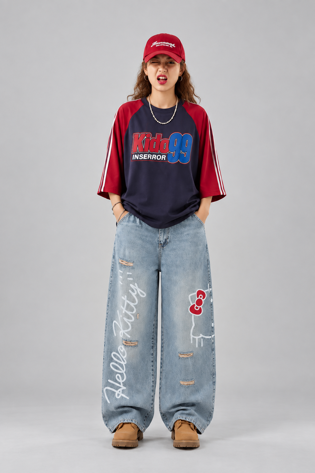 Hello Kitty Detaylı Mavi Baggy Jean
