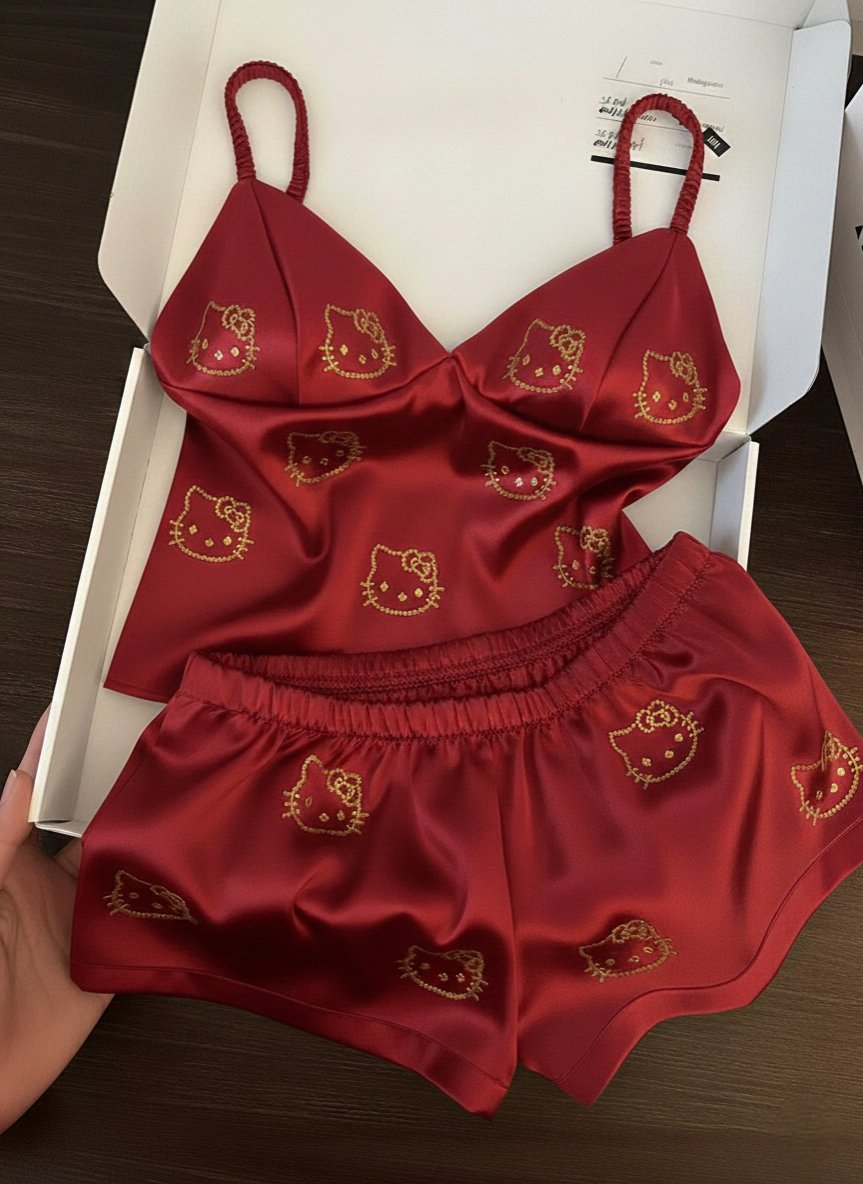 Hello Kitty Taş Detaylı Şık Homewear Pijama Takımı Bordo