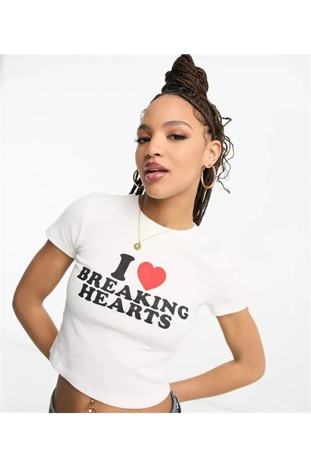 I Love Breaking Hearts Baskılı Beyaz Crop