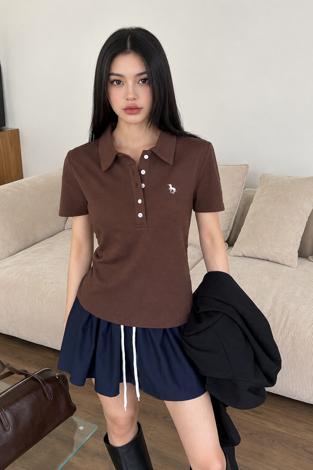 Kahverengi Tek Boynuzlu At Baskılı Polo Yaka Düğmeli Kısa Kol Tshirt 