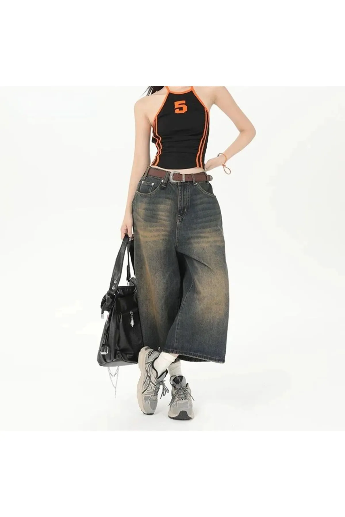 Kahverengi Yıkamalı Baggy Kısa Paça Kot Bermuda Pantolon