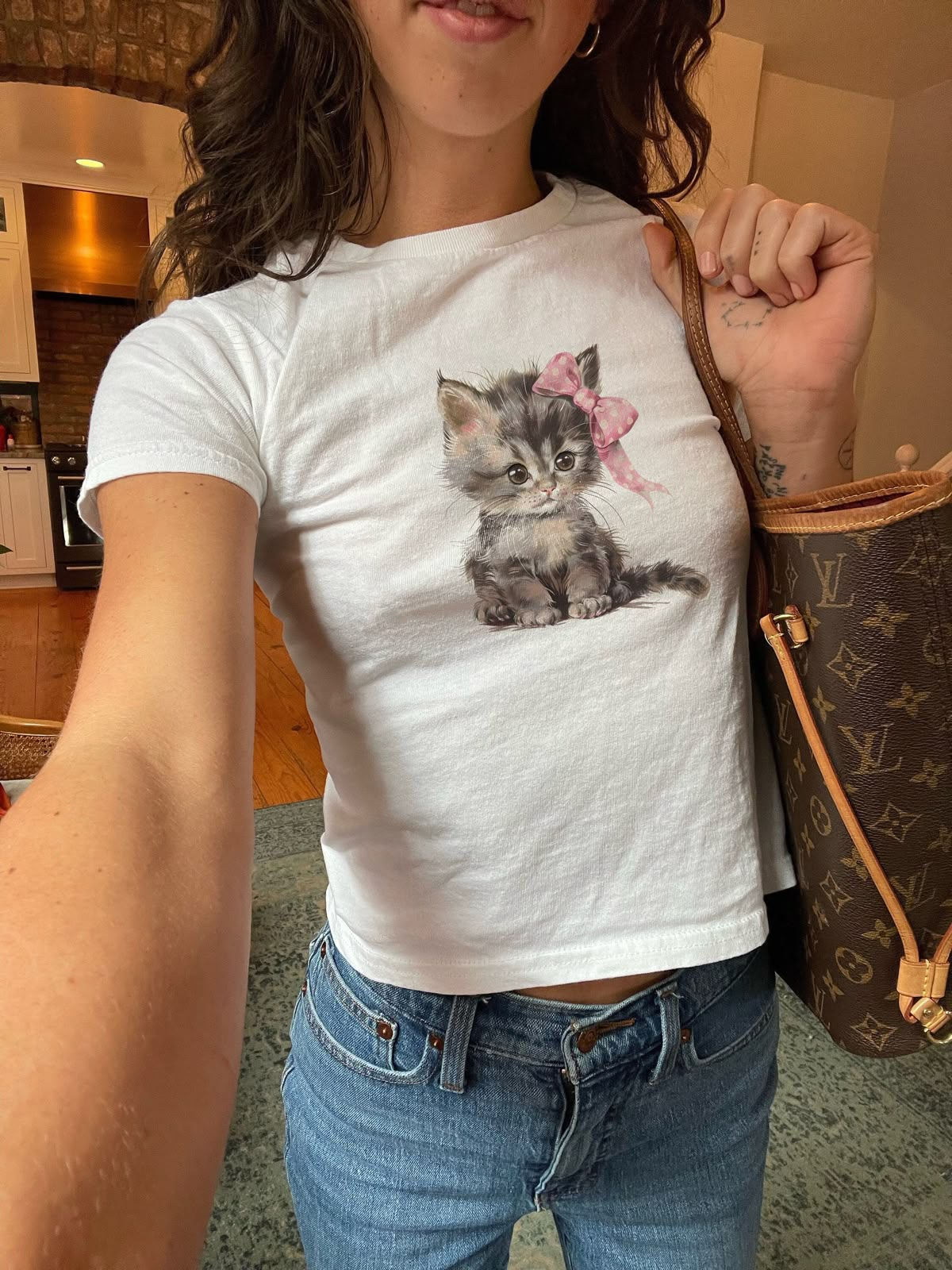 Kemer Boy Coquette Kitty Baskılı Crop Bluz